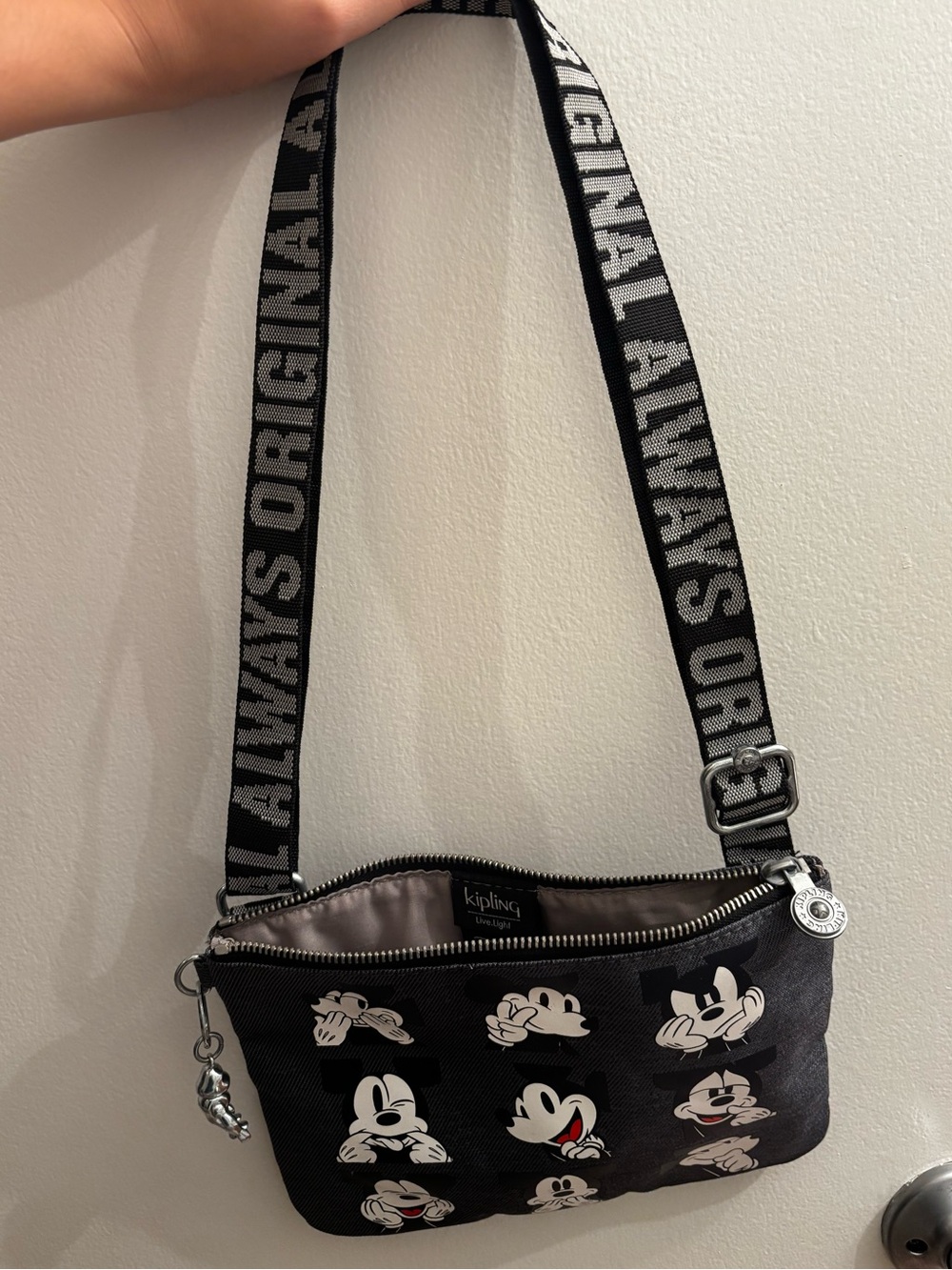 Kipling Dark Grey Crossbody Bag with Mickey Face Print and Branded Strap